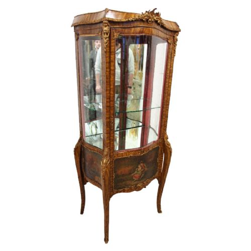 French Pale Walnut Vernis Martin Shaped Display Cabinet