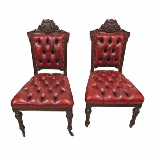 Pair of Victorian Carved Oak Armorial Hall Chairs