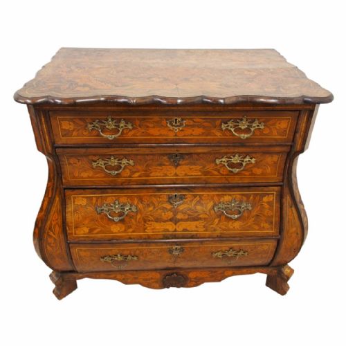 Dutch Bombe Front Marquetry Inlaid Chest of Drawers

