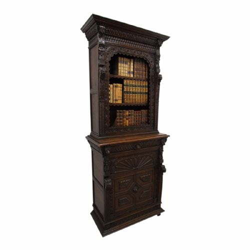 Flemish Carved Oak Cabinet Bookcase