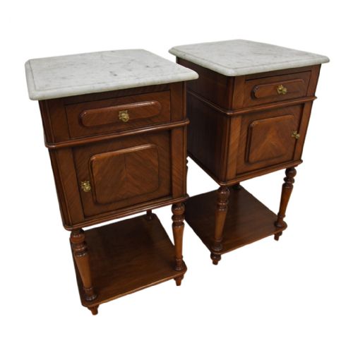 Pair of Walnut and Marble Topped Bedside Cabinets


