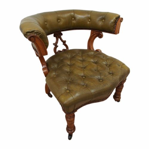 Victorian Oak Frame Tub Chair with Green Leather

