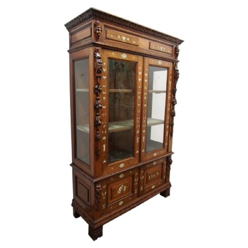 Italian Inlaid Walnut Display Cabinet or Bookcase