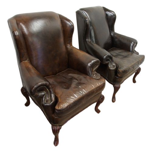 Pair of Georgian Style Wingback Chairs in Brown Leather
