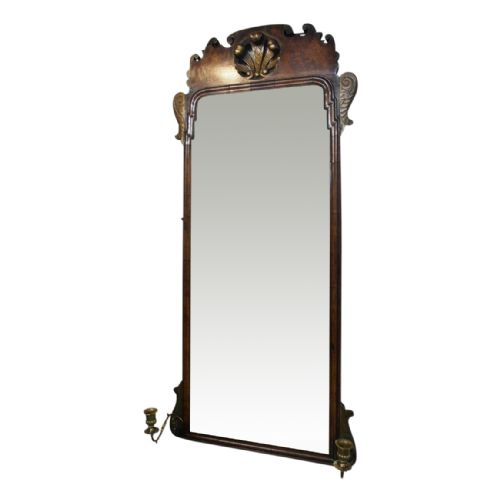 George I Walnut Mirror with Brass Sconces