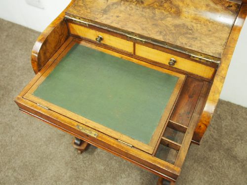 MID VICTORIAN BURR WALNUT PIANO TOP DAVENPORT DESK - ADDITIONAL PHOTO 7