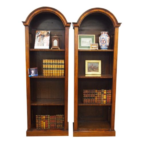 Pair of Tall Figured Walnut Open Bookcases