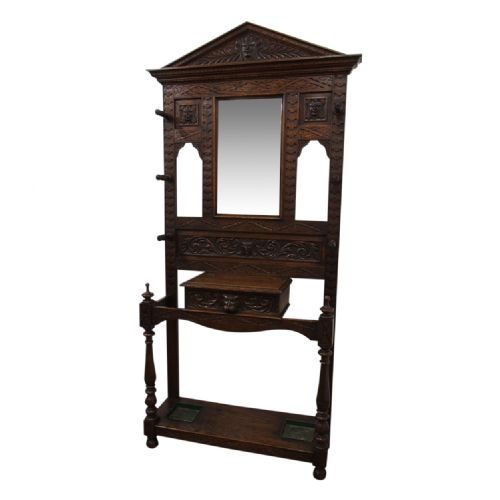Carved Oak Mirror Back Hall Stand
