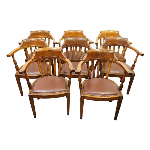 Rare Set of 8 Edwardian Oak Captains Chairs