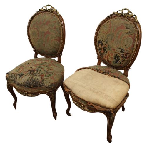 Pair of French Victorian Ormolu Mount Walnut Side Chairs