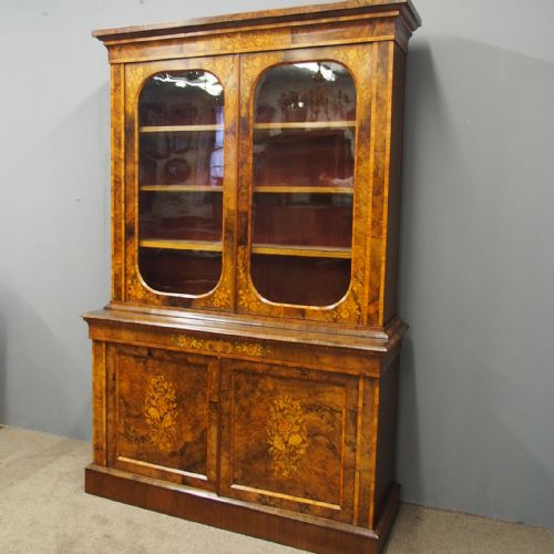 Marquetry Inlaid Burr Walnut Cabinet Bookcase