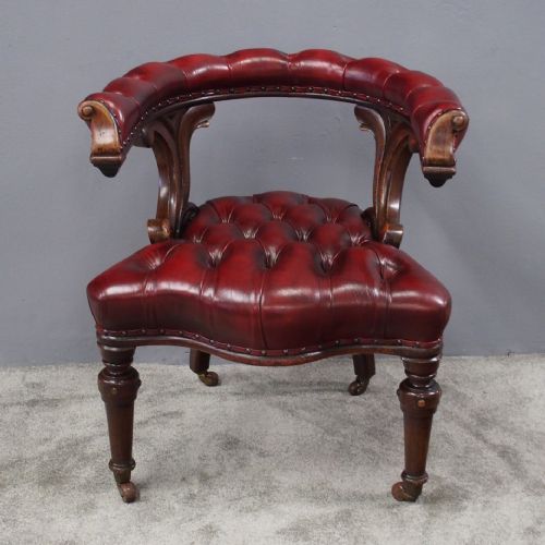 Oak and Burgundy Leather Horseshoe Captains Chair