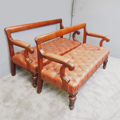 Pair of William IV Mahogany and Tan Leather Hall Benches


