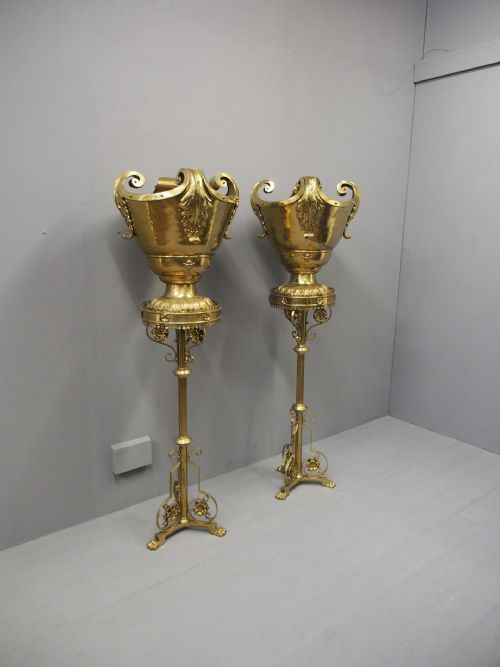 PAIR OF GOTHIC STYLE CAST BRASS STANDS AND URNS - ADDITIONAL PHOTO 1