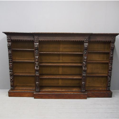 Flemish Carved Oak Breakfront Open Bookcase