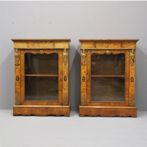 Pair of Victorian Walnut Marquetry Inlaid Pier Cabinets

