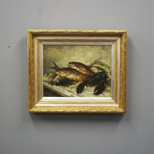 Dutch Oil Painting of Fish and Lobster by W. Voorendt