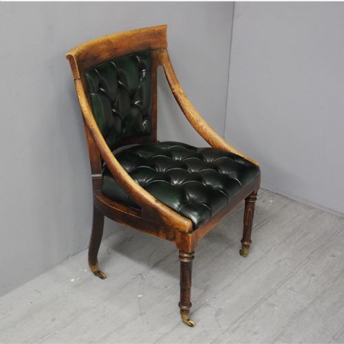 Georgian IV Oak and Green Leather Library Chair