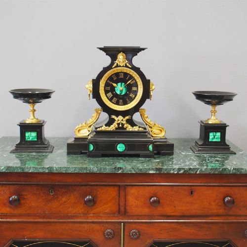 French Slate, Malachite and Gilt Bronze Clock Garniture