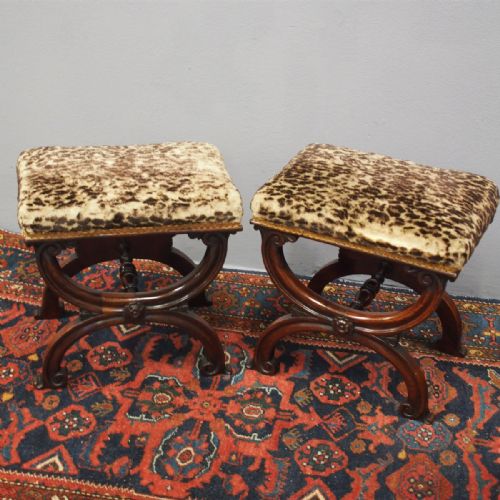Pair of Rosewood and Leopard Print Top Stools