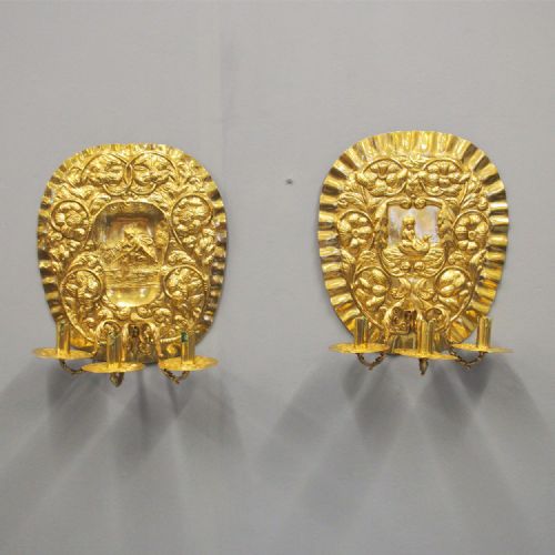 Pair of Large Embossed Brass Sconces