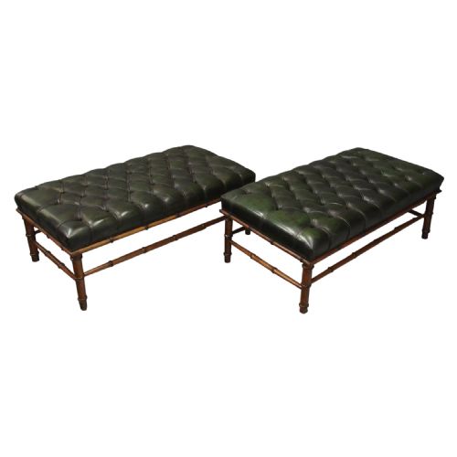 Pair of Edwardian Faux Bamboo and Green Leather Stools
