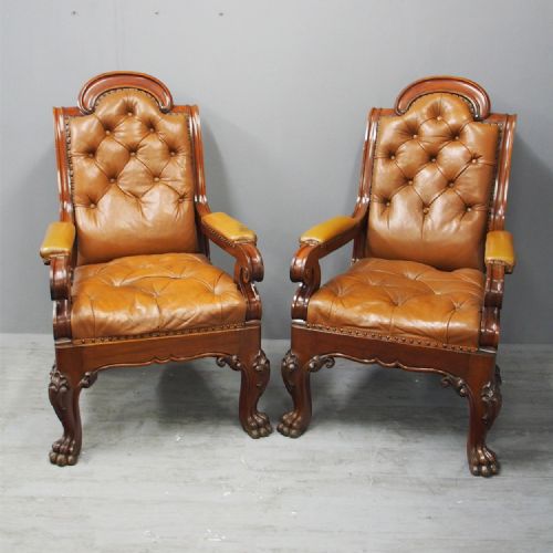 PAIR OF GEORGE IV TAN LEATHER ARMCHAIRS