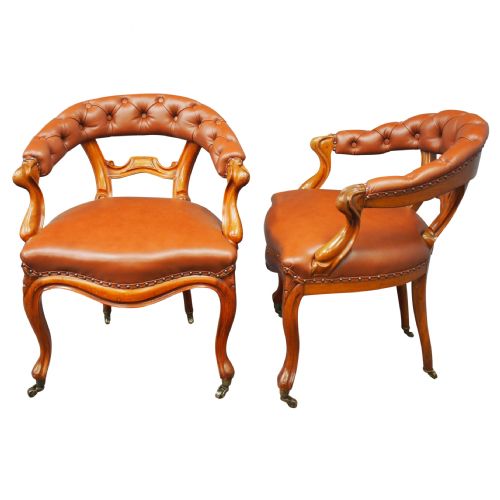 Pair of Mahogany and Brown Leather Club Chairs