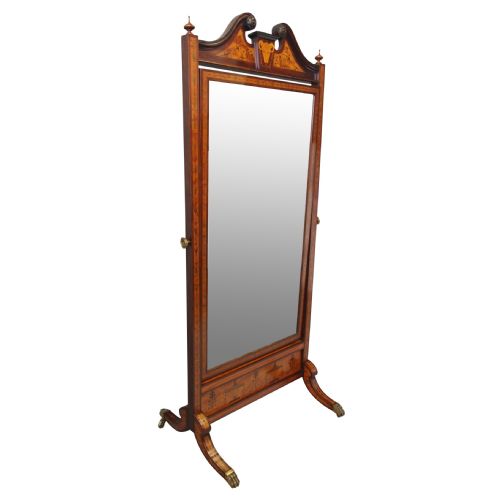Victorian Inlaid Satinwood and Mahogany Cheval Mirror

