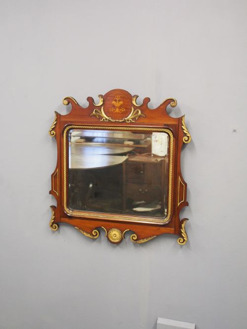 GEORGE II STYLE MAHOGANY INLAID AND GILDED WALL MIRROR - ADDITIONAL PHOTO 2