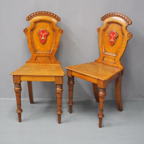 Pair of Victorian Oak Hall Chairs