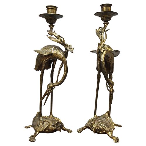 Pair of Chinese Gilded Brass Crane Candlesticks