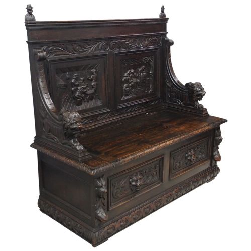 Victorian Flemish Carved Oak Hall Bench
