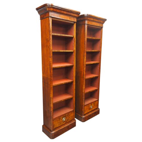 Pair of Victorian Tall Burr Walnut Open Bookcases
