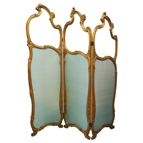 French Giltwood and Silk Three-fold Screen
