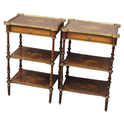 Pair of Victorian Marquetry Burr Walnut Etageres