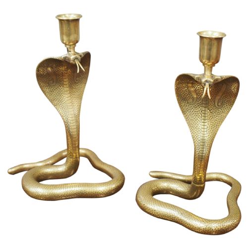 Pair of Cast Brass Cobra Design Candlesticks