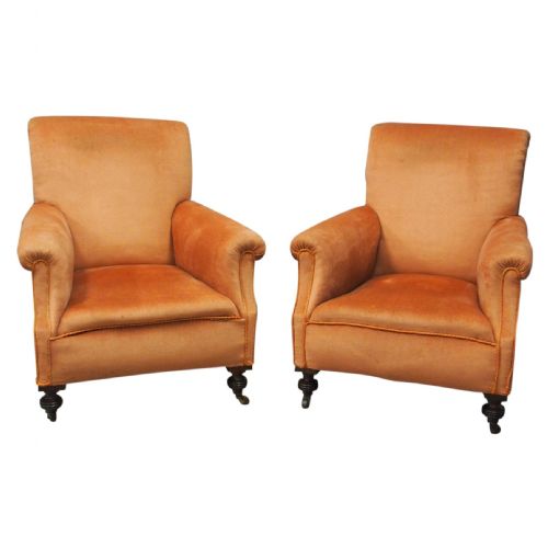 Pair of Victorian Mahogany and Peach Velvet Easy Chairs