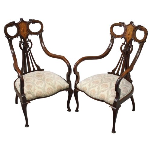 Art Nouveau Style Inlaid Mahogany Elbow Chairs