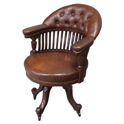 Victorian Brown Leather and Mahogany Office Chair