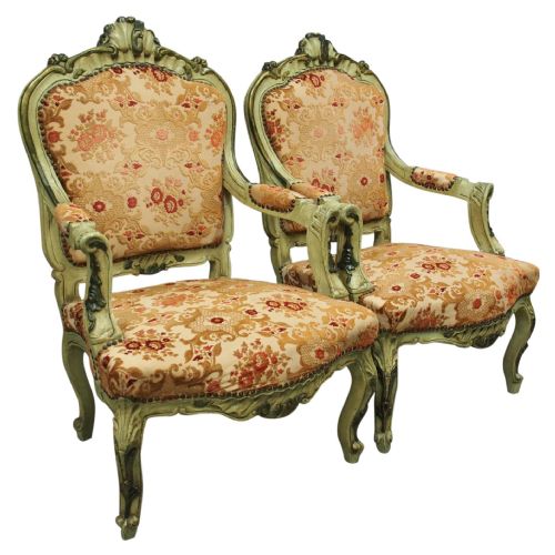 PAIR OF ITALIAN CARVED AND PAINTED ARMCHAIRS