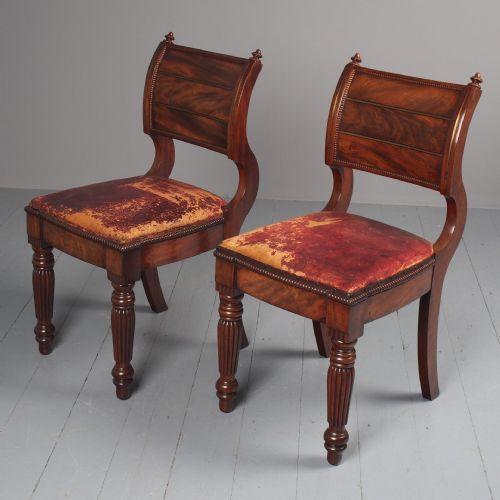 Rare Pair of Brass Inlaid Mahogany and Leather Library Chairs