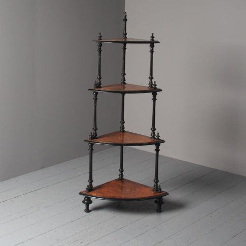 Antique Burr Walnut and Brass Corner Whatnot
