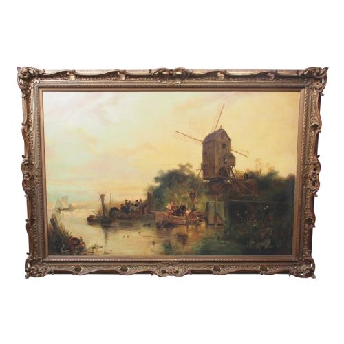 Large Antique Windmill Landscape Oil Painting on Canvas
