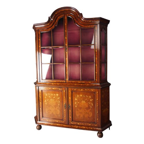 Antique Dutch Marquetry Inlaid Walnut Display Cabinet