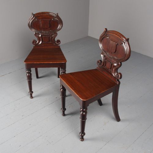 Antique Pair of Dark Oak Hall Chairs