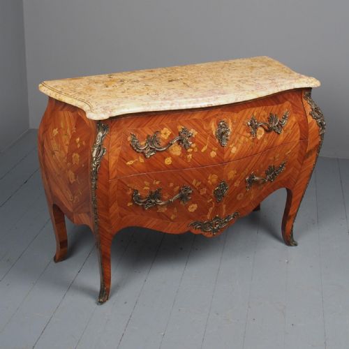 Antique Style Marble Top Inlaid Kingwood Commode