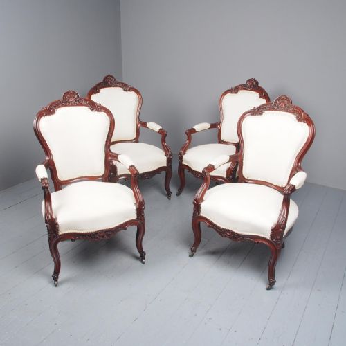 ANTIQUE SET OF 4 CARVED MAHOGANY ARMCHAIRS