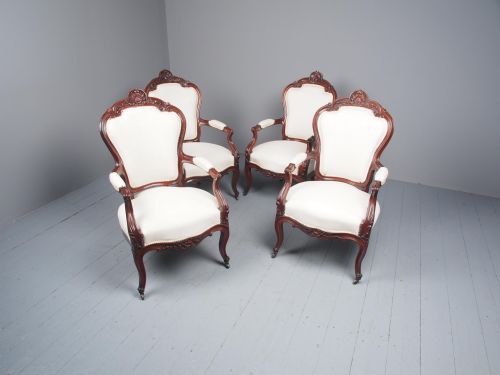 ANTIQUE SET OF 4 CARVED MAHOGANY ARMCHAIRS - ADDITIONAL PHOTO 1