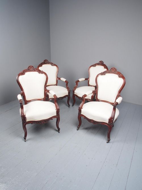 ANTIQUE SET OF 4 CARVED MAHOGANY ARMCHAIRS - ADDITIONAL PHOTO 2